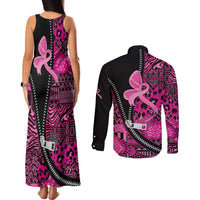 Pink Ribbon Animals Skin African Mixed Couples Matching Tank Maxi Dress and Long Sleeve Button Shirt Zipper Stylized - Wonder Print Shop