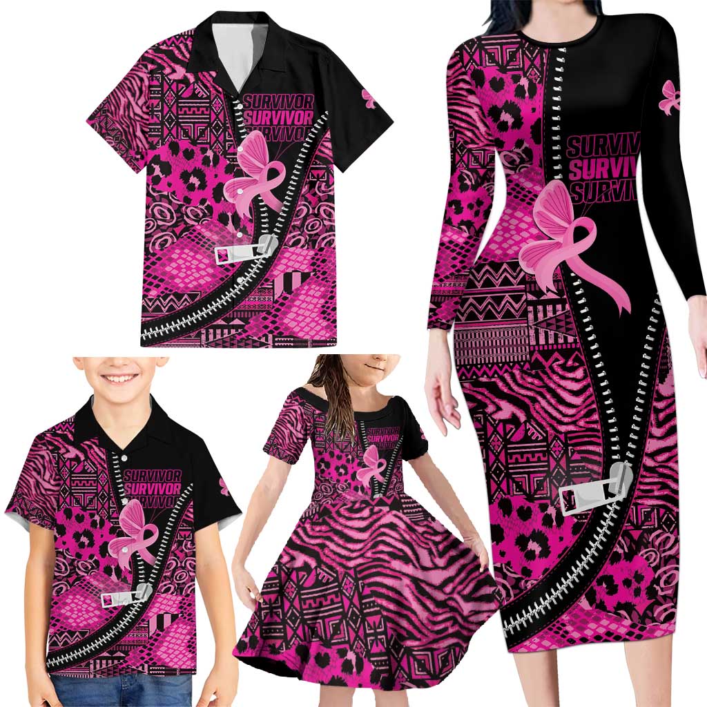 Pink Ribbon Animals Skin African Mixed Family Matching Long Sleeve Bodycon Dress and Hawaiian Shirt Zipper Stylized - Wonder Print Shop
