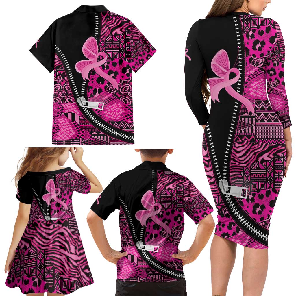 Pink Ribbon Animals Skin African Mixed Family Matching Long Sleeve Bodycon Dress and Hawaiian Shirt Zipper Stylized - Wonder Print Shop