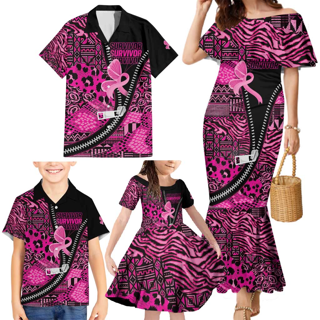 Pink Ribbon Animals Skin African Mixed Family Matching Mermaid Dress and Hawaiian Shirt Zipper Stylized - Wonder Print Shop