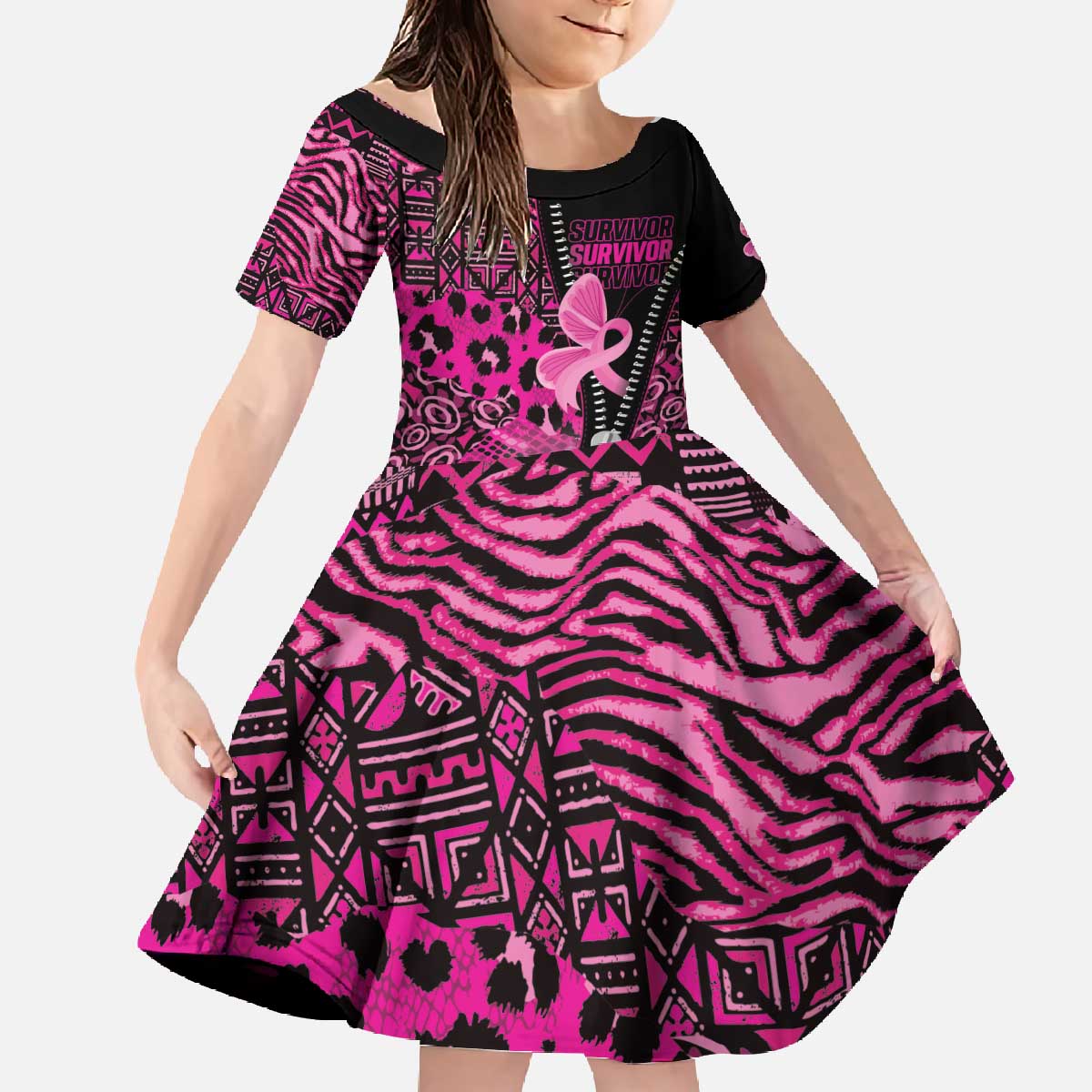 Pink Ribbon Animals Skin African Mixed Family Matching Off The Shoulder Long Sleeve Dress and Hawaiian Shirt Zipper Stylized - Wonder Print Shop