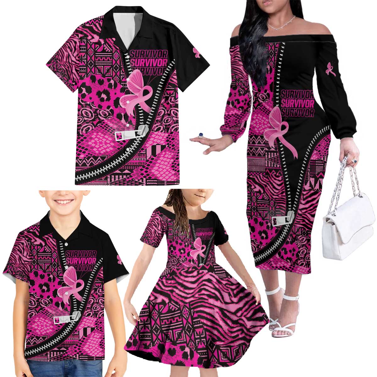 Pink Ribbon Animals Skin African Mixed Family Matching Off The Shoulder Long Sleeve Dress and Hawaiian Shirt Zipper Stylized - Wonder Print Shop