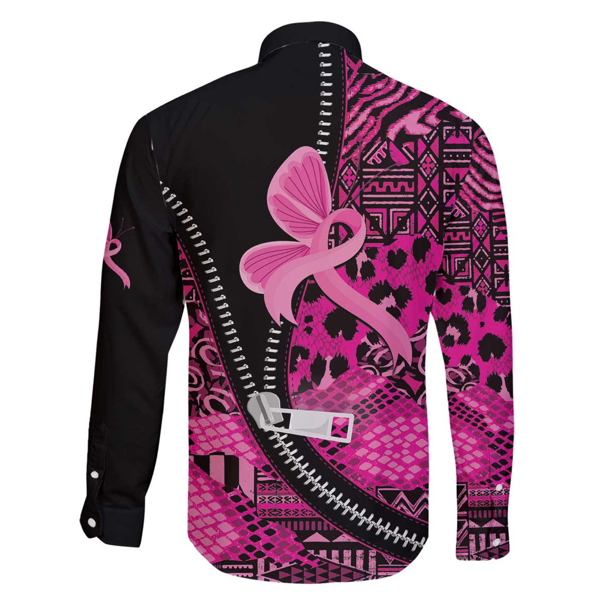 Pink Ribbon Animals Skin African Mixed Family Matching Off The Shoulder Long Sleeve Dress and Hawaiian Shirt Zipper Stylized - Wonder Print Shop