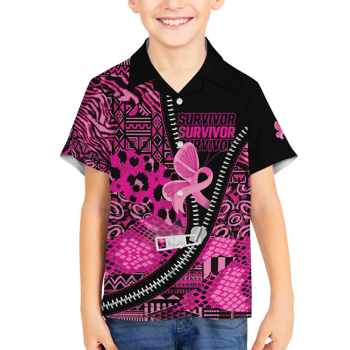 Pink Ribbon Animals Skin African Mixed Family Matching Off The Shoulder Long Sleeve Dress and Hawaiian Shirt Zipper Stylized - Wonder Print Shop