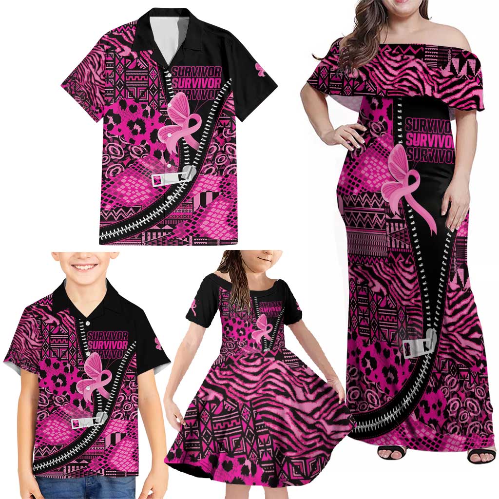 Pink Ribbon Animals Skin African Mixed Family Matching Off Shoulder Maxi Dress and Hawaiian Shirt Zipper Stylized - Wonder Print Shop