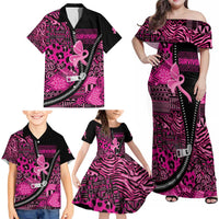 Pink Ribbon Animals Skin African Mixed Family Matching Off Shoulder Maxi Dress and Hawaiian Shirt Zipper Stylized - Wonder Print Shop