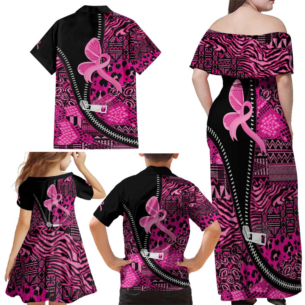 Pink Ribbon Animals Skin African Mixed Family Matching Off Shoulder Maxi Dress and Hawaiian Shirt Zipper Stylized - Wonder Print Shop