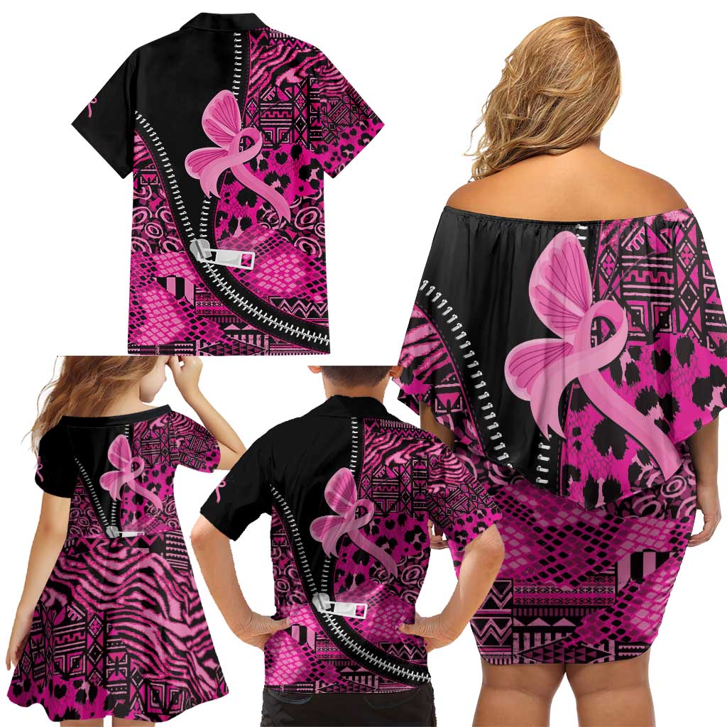 Pink Ribbon Animals Skin African Mixed Family Matching Off Shoulder Short Dress and Hawaiian Shirt Zipper Stylized - Wonder Print Shop