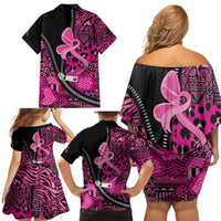 Pink Ribbon Animals Skin African Mixed Family Matching Off Shoulder Short Dress and Hawaiian Shirt Zipper Stylized - Wonder Print Shop