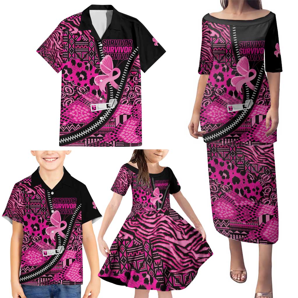 Pink Ribbon Animals Skin African Mixed Family Matching Puletasi and Hawaiian Shirt Zipper Stylized - Wonder Print Shop