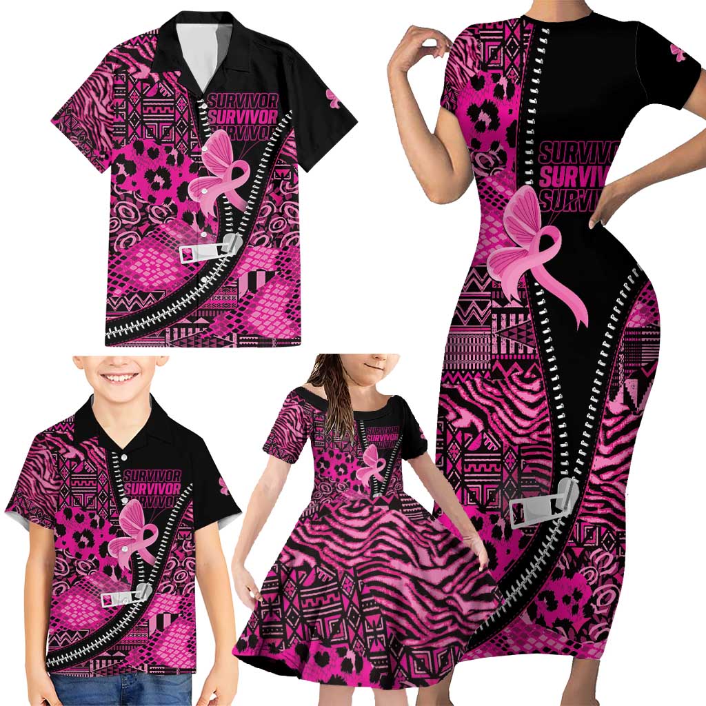 Pink Ribbon Animals Skin African Mixed Family Matching Short Sleeve Bodycon Dress and Hawaiian Shirt Zipper Stylized - Wonder Print Shop