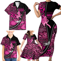 Pink Ribbon Animals Skin African Mixed Family Matching Short Sleeve Bodycon Dress and Hawaiian Shirt Zipper Stylized - Wonder Print Shop