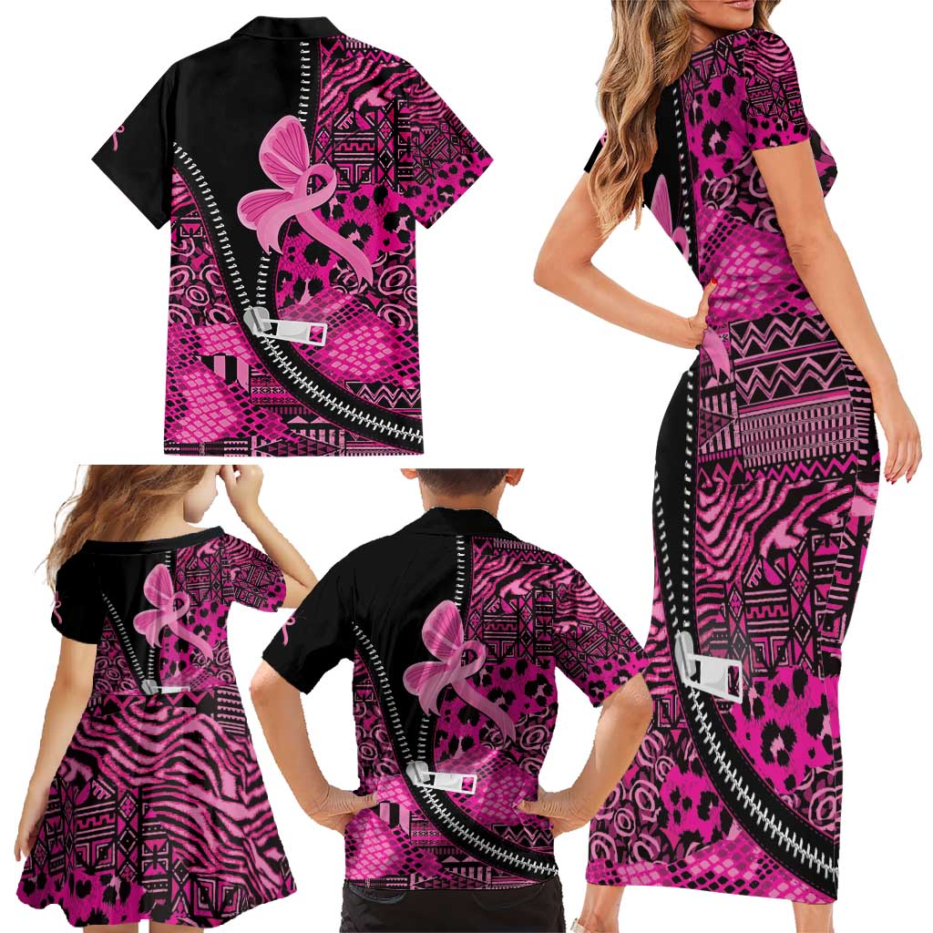 Pink Ribbon Animals Skin African Mixed Family Matching Short Sleeve Bodycon Dress and Hawaiian Shirt Zipper Stylized - Wonder Print Shop