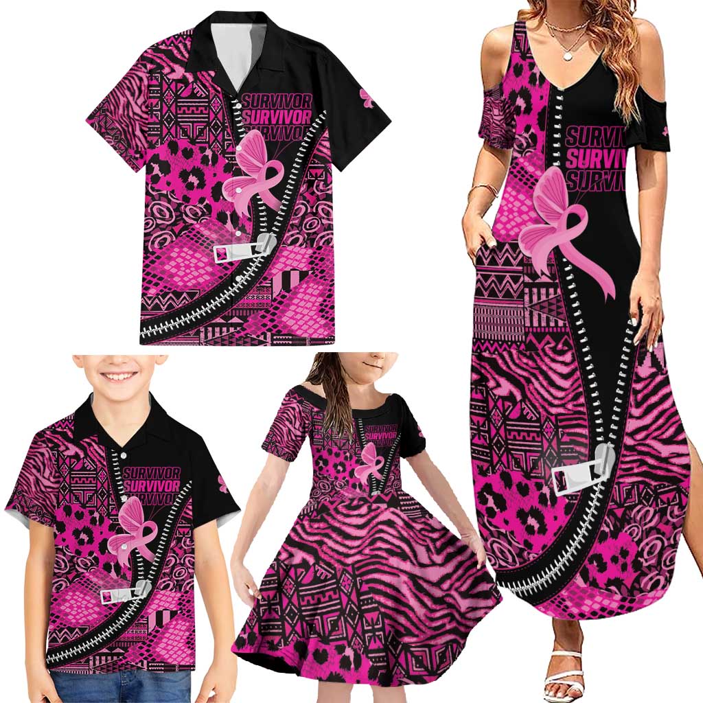 Pink Ribbon Animals Skin African Mixed Family Matching Summer Maxi Dress and Hawaiian Shirt Zipper Stylized - Wonder Print Shop