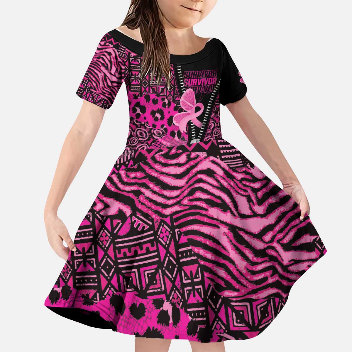 Pink Ribbon Animals Skin African Mixed Kid Short Sleeve Dress Zipper Stylized - Wonder Print Shop