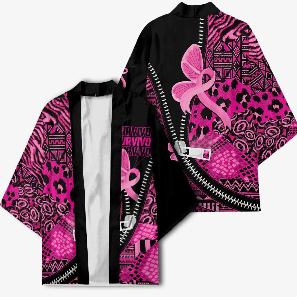Pink Ribbon Animals Skin African Mixed Kimono Zipper Stylized - Wonder Print Shop
