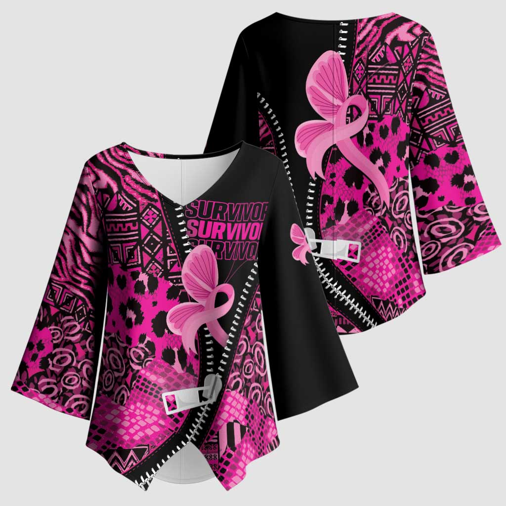 Pink Ribbon Animals Skin African Mixed Kimono Sleeve Blouse Zipper Stylized - Wonder Print Shop