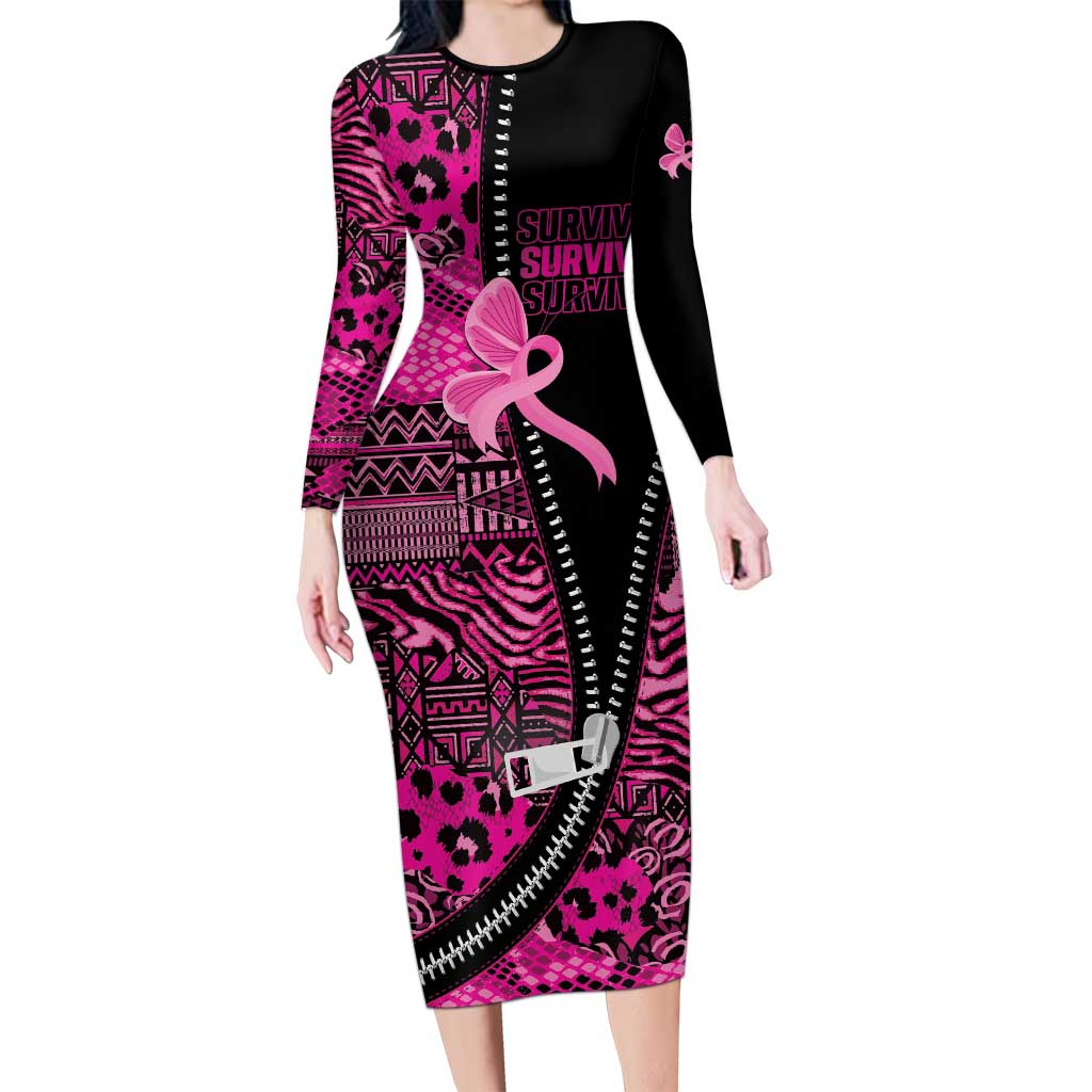 Pink Ribbon Animals Skin African Mixed Long Sleeve Bodycon Dress Zipper Stylized - Wonder Print Shop