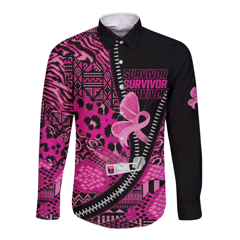 Pink Ribbon Animals Skin African Mixed Long Sleeve Button Shirt Zipper Stylized - Wonder Print Shop
