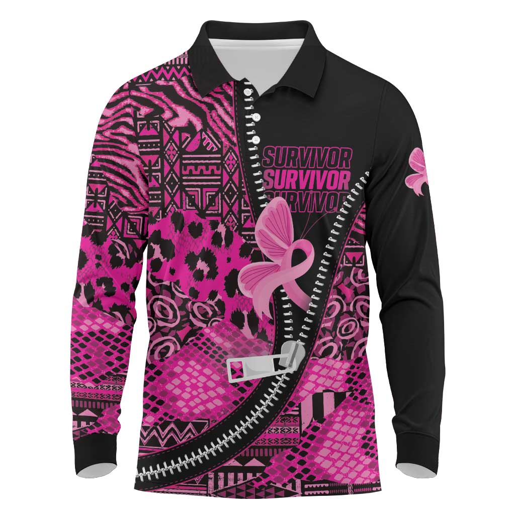 Pink Ribbon Animals Skin African Mixed Long Sleeve Polo Shirt Zipper Stylized - Wonder Print Shop