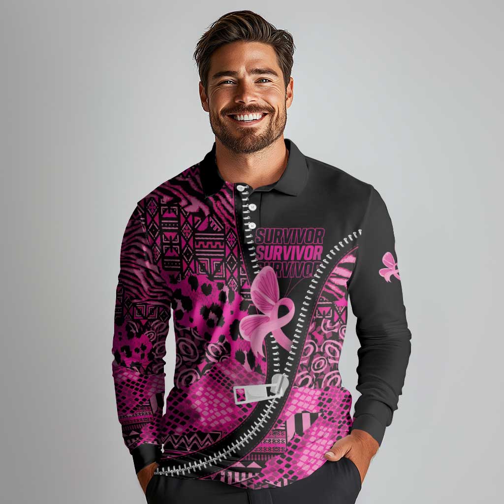 Pink Ribbon Animals Skin African Mixed Long Sleeve Polo Shirt Zipper Stylized - Wonder Print Shop
