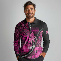 Pink Ribbon Animals Skin African Mixed Long Sleeve Polo Shirt Zipper Stylized - Wonder Print Shop