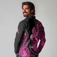 Pink Ribbon Animals Skin African Mixed Long Sleeve Polo Shirt Zipper Stylized - Wonder Print Shop