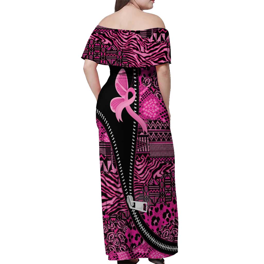 Pink Ribbon Animals Skin African Mixed Off Shoulder Maxi Dress Zipper Stylized - Wonder Print Shop