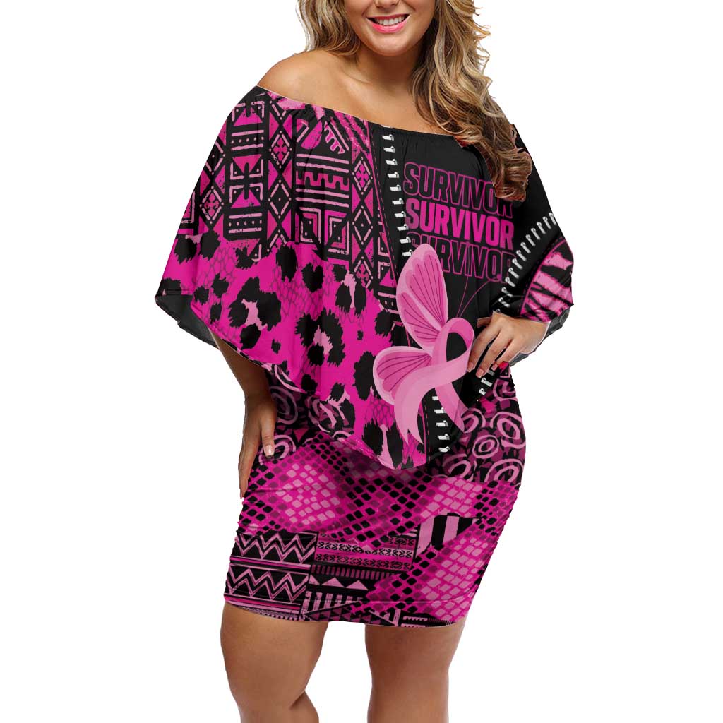 Pink Ribbon Animals Skin African Mixed Off Shoulder Short Dress Zipper Stylized - Wonder Print Shop