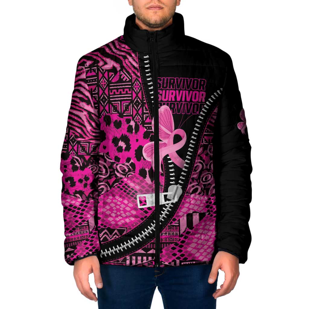 Pink Ribbon Animals Skin African Mixed Padded Jacket Zipper Stylized - Wonder Print Shop