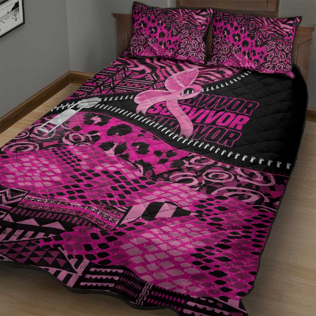 Pink Ribbon Animals Skin African Mixed Quilt Bed Set Zipper Stylized - Wonder Print Shop