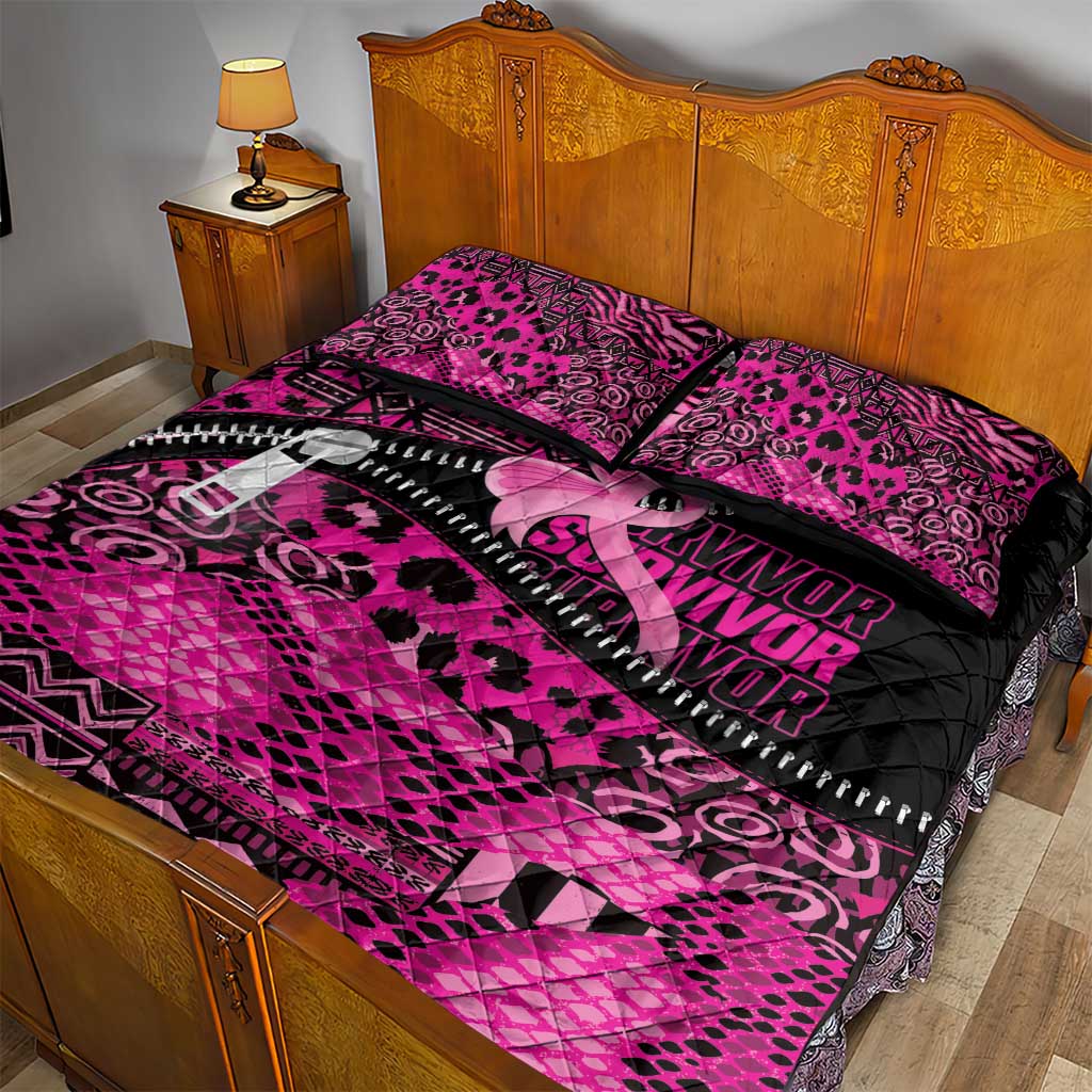 Pink Ribbon Animals Skin African Mixed Quilt Bed Set Zipper Stylized - Wonder Print Shop