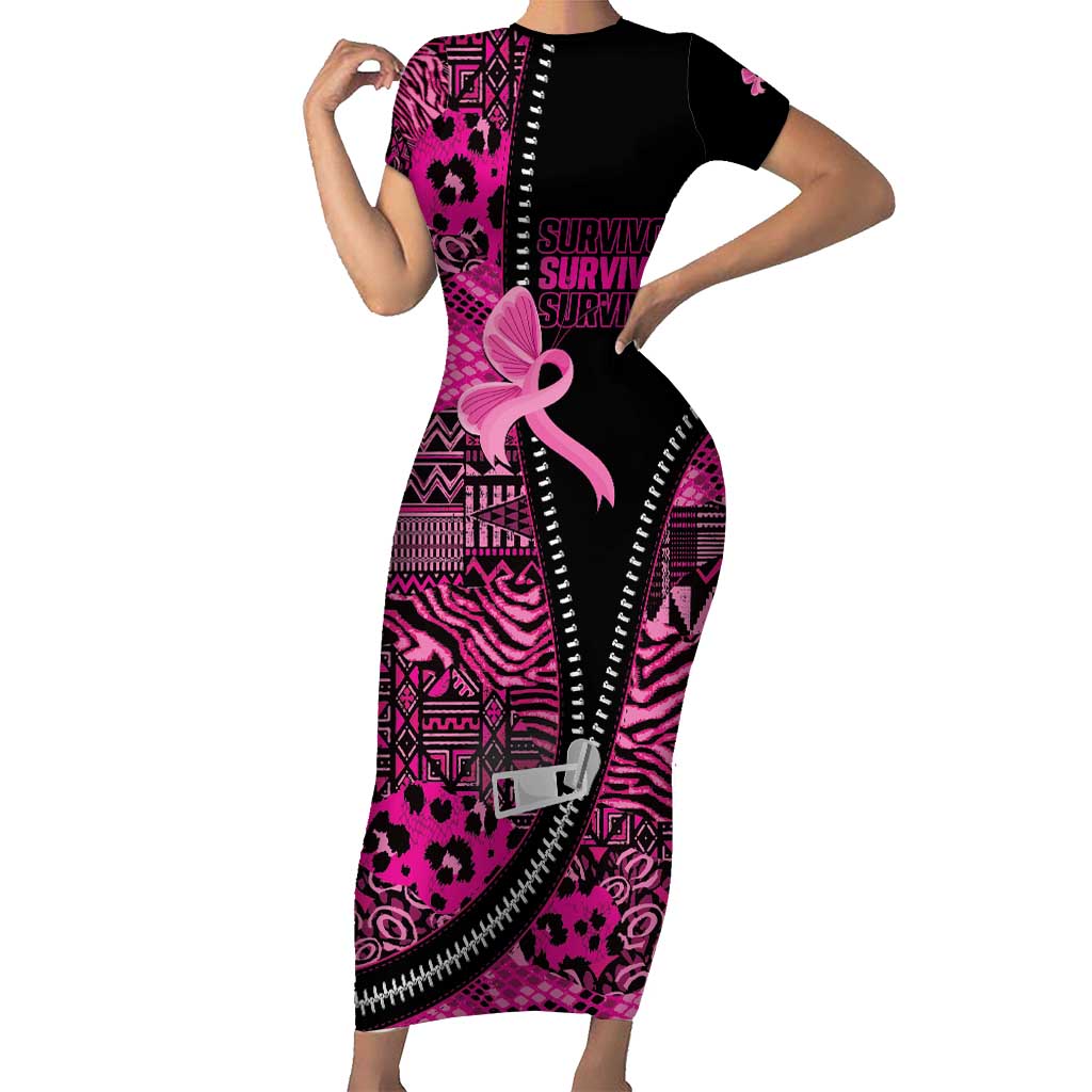 Pink Ribbon Animals Skin African Mixed Short Sleeve Bodycon Dress Zipper Stylized - Wonder Print Shop