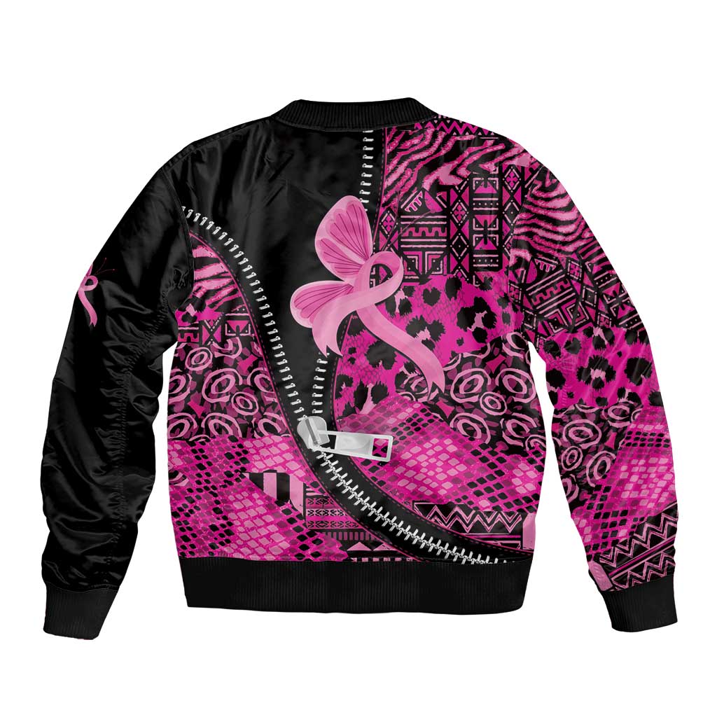 Pink Ribbon Animals Skin African Mixed Sleeve Zip Bomber Jacket Zipper Stylized - Wonder Print Shop