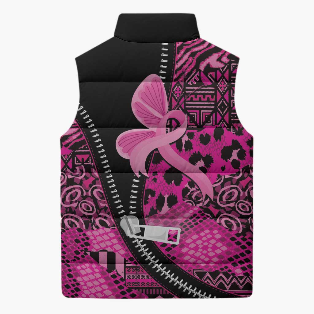 Pink Ribbon Animals Skin African Mixed Sleeveless Puffer Jacket Zipper Stylized - Wonder Print Shop