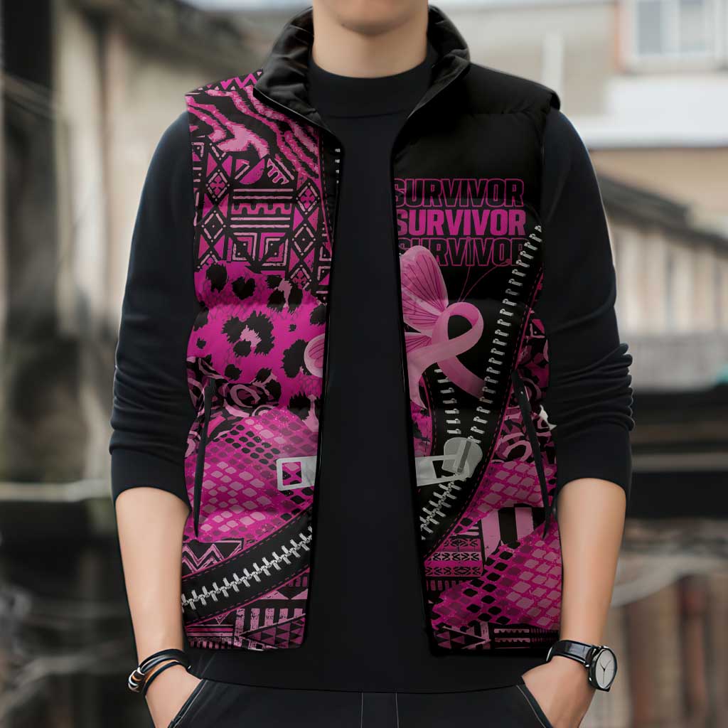 Pink Ribbon Animals Skin African Mixed Sleeveless Puffer Jacket Zipper Stylized - Wonder Print Shop