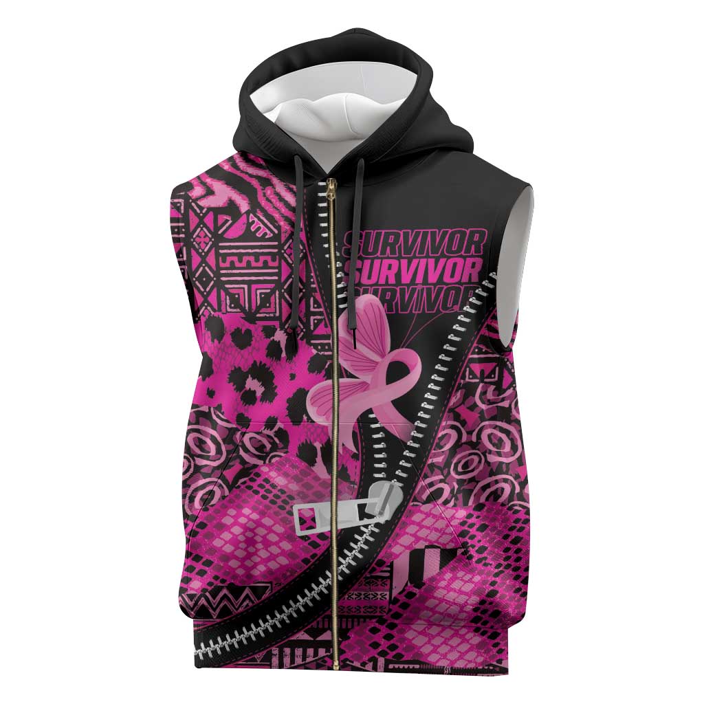 Pink Ribbon Animals Skin African Mixed Sleeveless Zip Hoodie Zipper Stylized - Wonder Print Shop