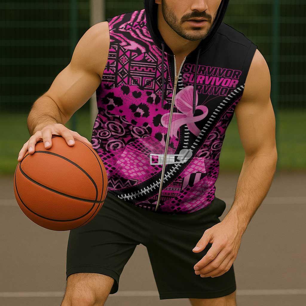 Pink Ribbon Animals Skin African Mixed Sleeveless Zip Hoodie Zipper Stylized - Wonder Print Shop