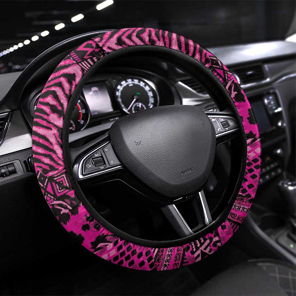 Pink Ribbon Animals Skin African Mixed Steering Wheel Cover Zipper Stylized - Wonder Print Shop