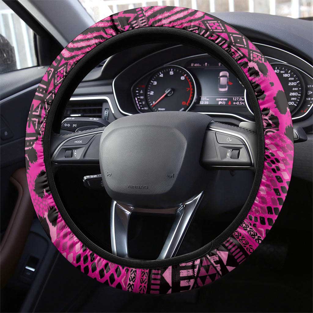 Pink Ribbon Animals Skin African Mixed Steering Wheel Cover Zipper Stylized - Wonder Print Shop