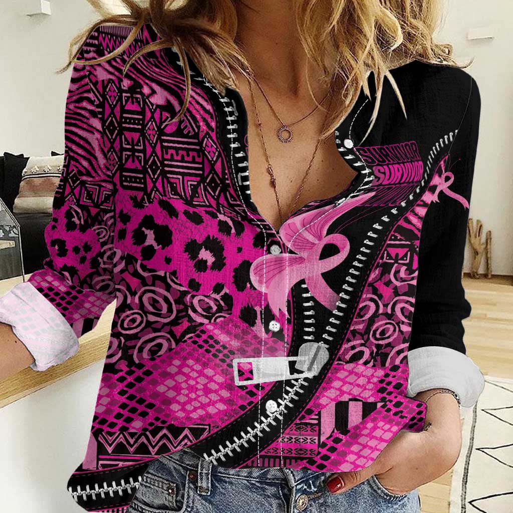 Pink Ribbon Animals Skin African Mixed Women Casual Shirt Zipper Stylized - Wonder Print Shop