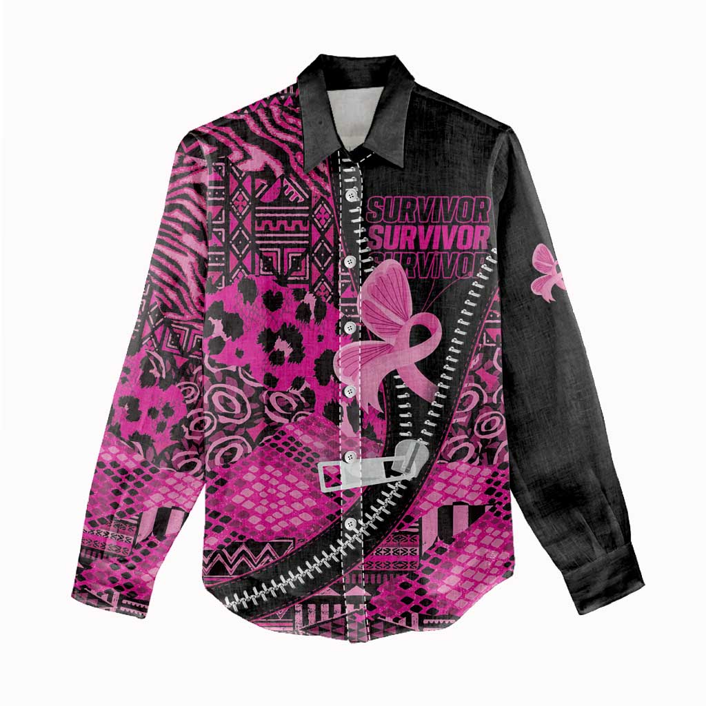 Pink Ribbon Animals Skin African Mixed Women Casual Shirt Zipper Stylized - Wonder Print Shop