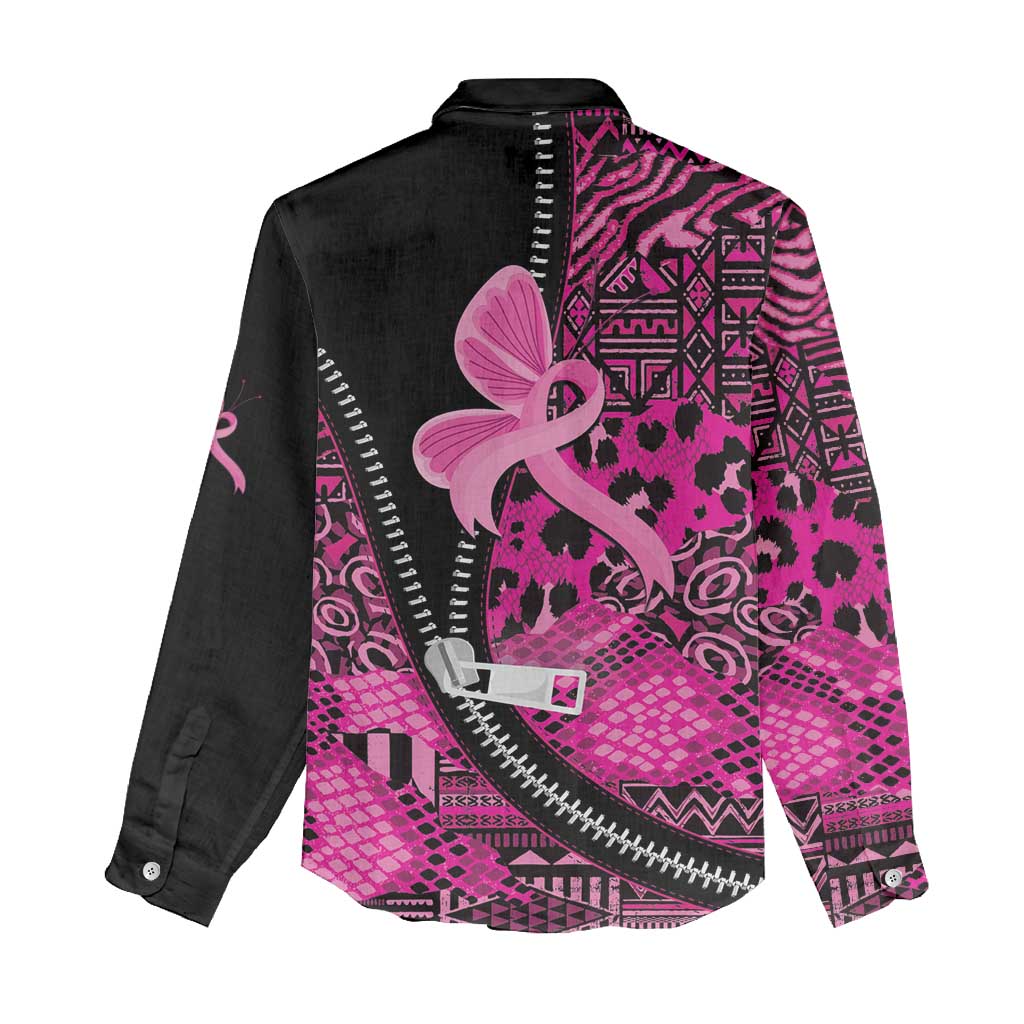 Pink Ribbon Animals Skin African Mixed Women Casual Shirt Zipper Stylized - Wonder Print Shop