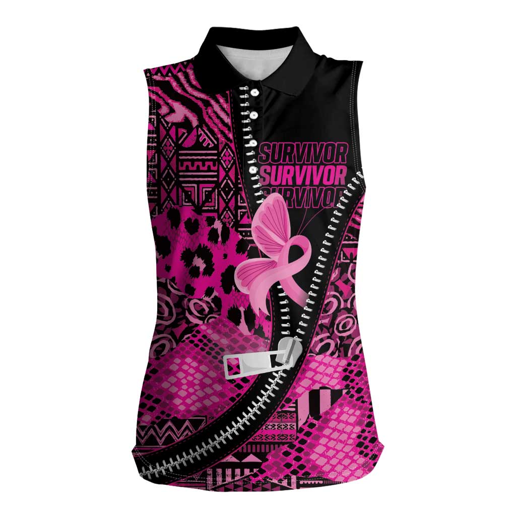 Pink Ribbon Animals Skin African Mixed Women Sleeveless Polo Shirt Zipper Stylized - Wonder Print Shop