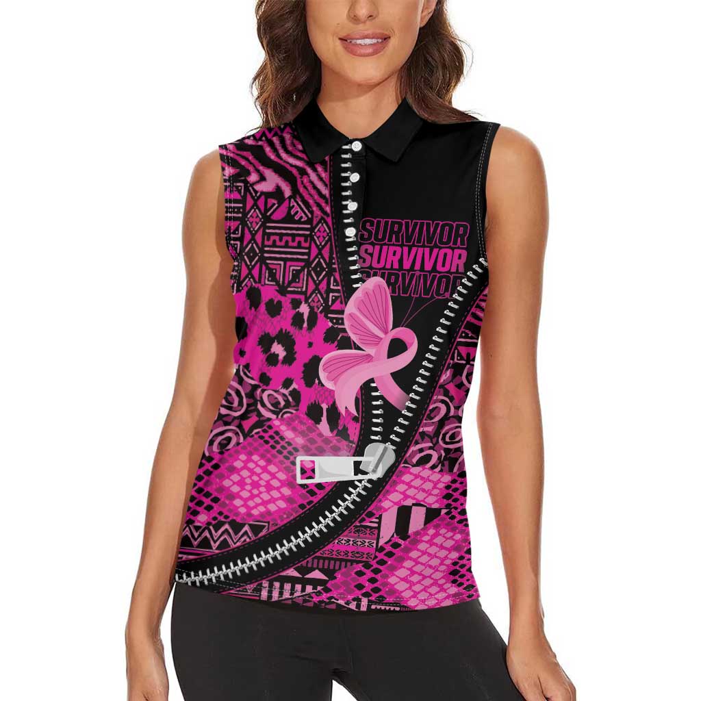 Pink Ribbon Animals Skin African Mixed Women Sleeveless Polo Shirt Zipper Stylized - Wonder Print Shop