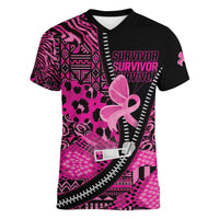 Pink Ribbon Animals Skin African Mixed Women V-Neck T-Shirt Zipper Stylized - Wonder Print Shop