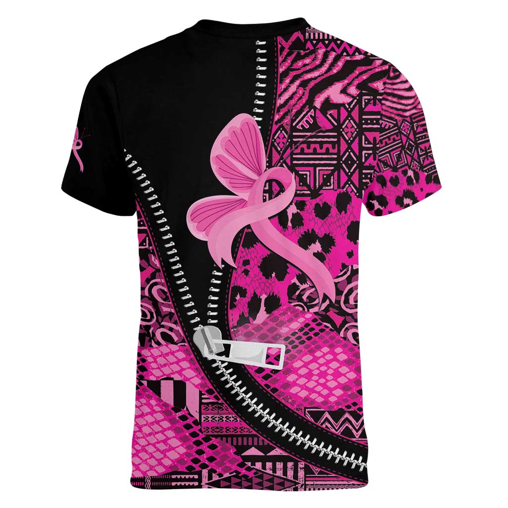Pink Ribbon Animals Skin African Mixed Women V-Neck T-Shirt Zipper Stylized - Wonder Print Shop