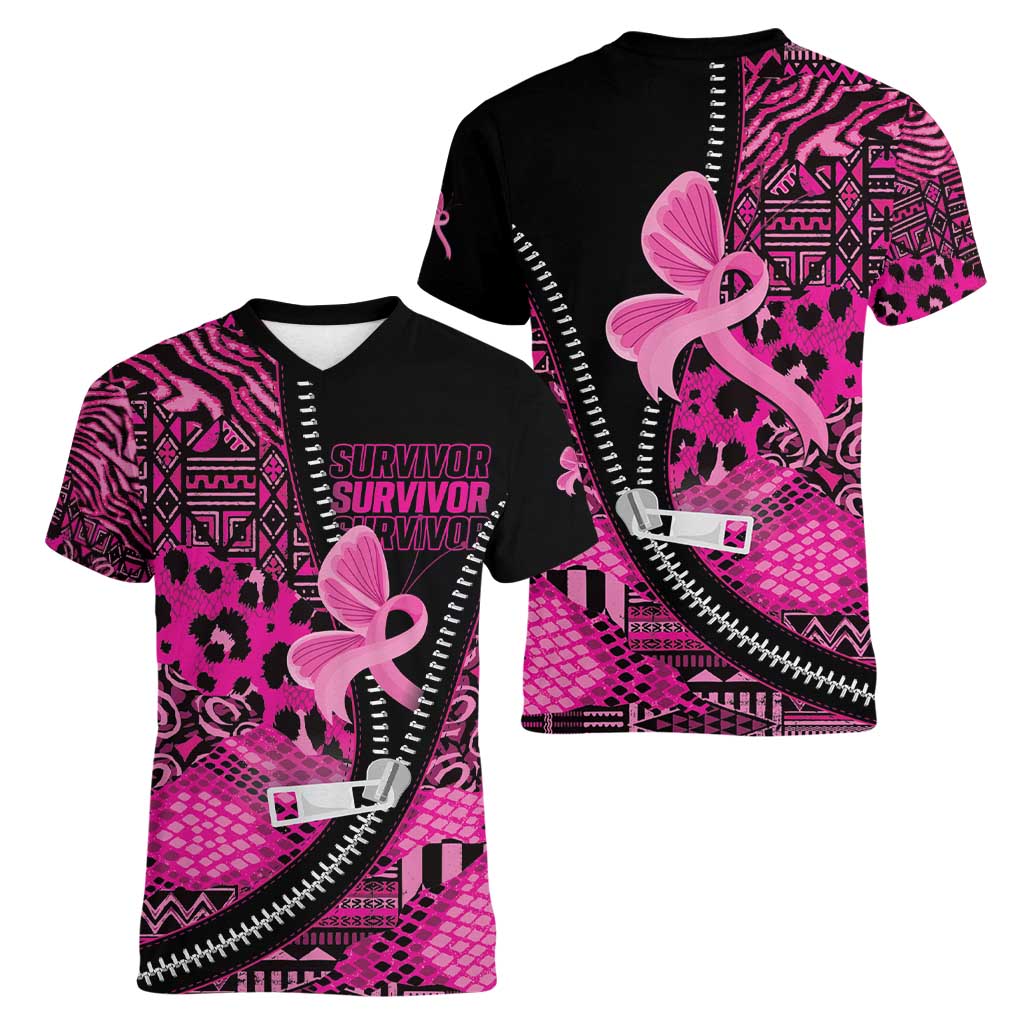 Pink Ribbon Animals Skin African Mixed Women V-Neck T-Shirt Zipper Stylized - Wonder Print Shop