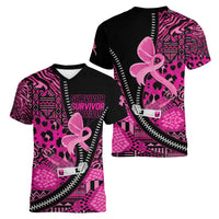 Pink Ribbon Animals Skin African Mixed Women V-Neck T-Shirt Zipper Stylized - Wonder Print Shop