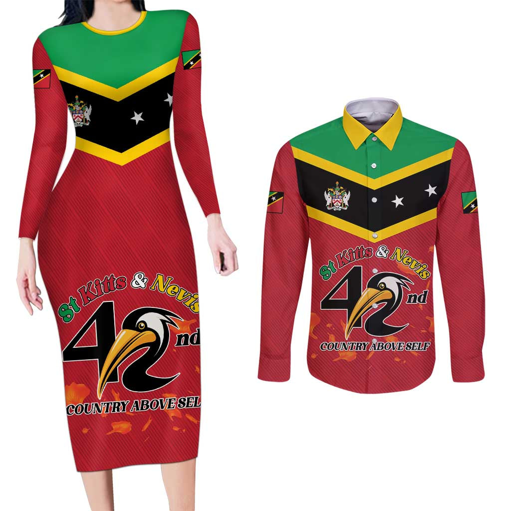 St Kitts and Nevis 42nd Independence Day Couples Matching Long Sleeve Bodycon Dress and Long Sleeve Button Shirt Country Above Self LT01